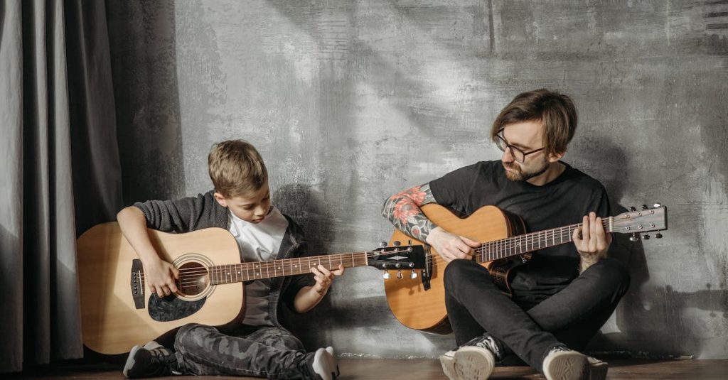A heartwarming scene of a man teaching a boy to play guitar indoors.