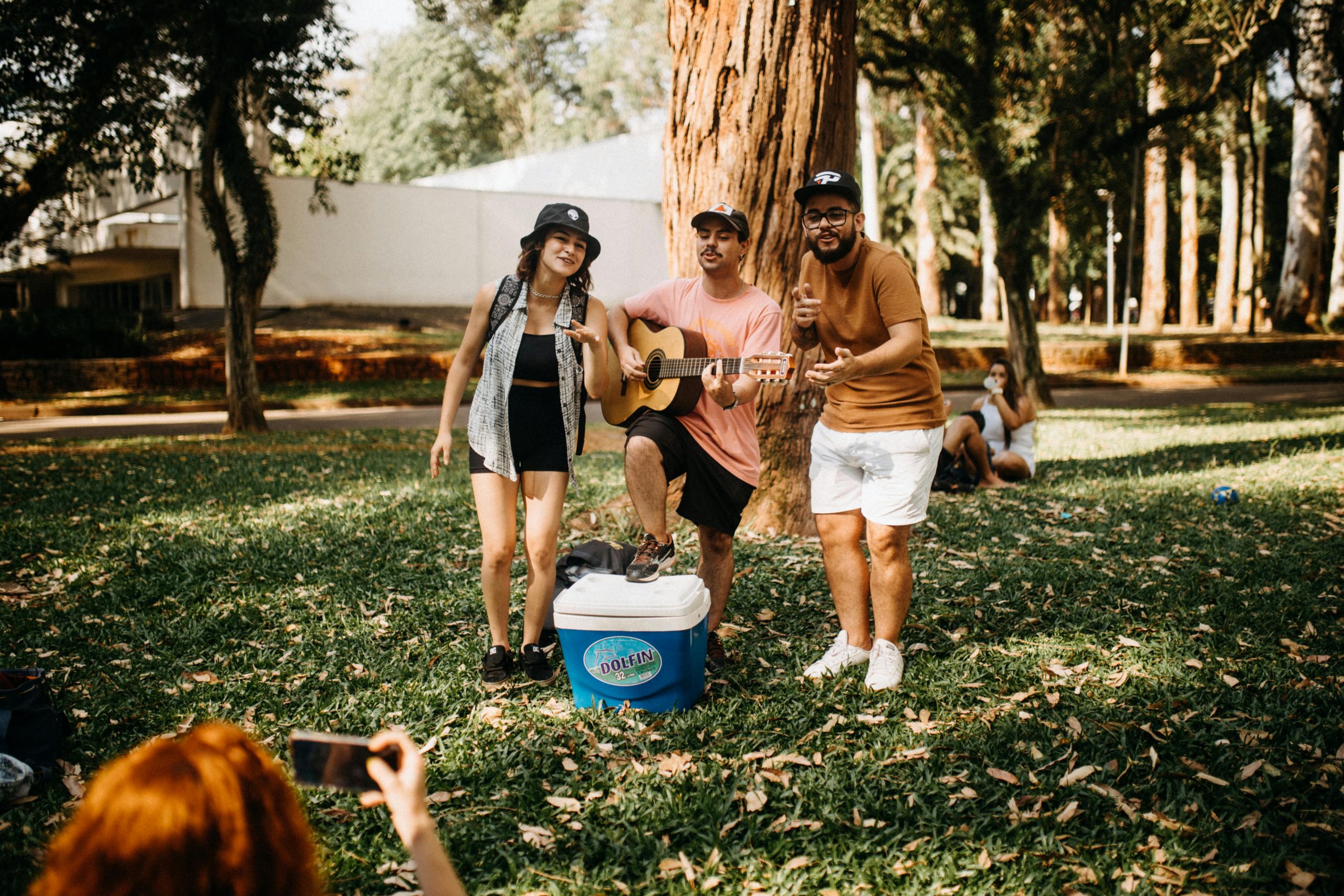 A group enjoying music with a guitar under the trees in a sunny park setting.